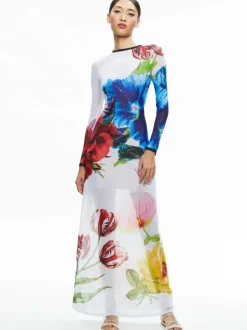 Alice and Olivia Delora Long Sleeve Crew Neck Maxi Dress-Women Dresses
