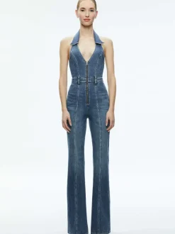 Alice and Olivia Noemi Halter Neck Denim Jumpsuit-Women Jumpsuits