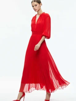 Alice and Olivia Vernia Blouson Sleeve Pleated Maxi Dress-Women Dresses